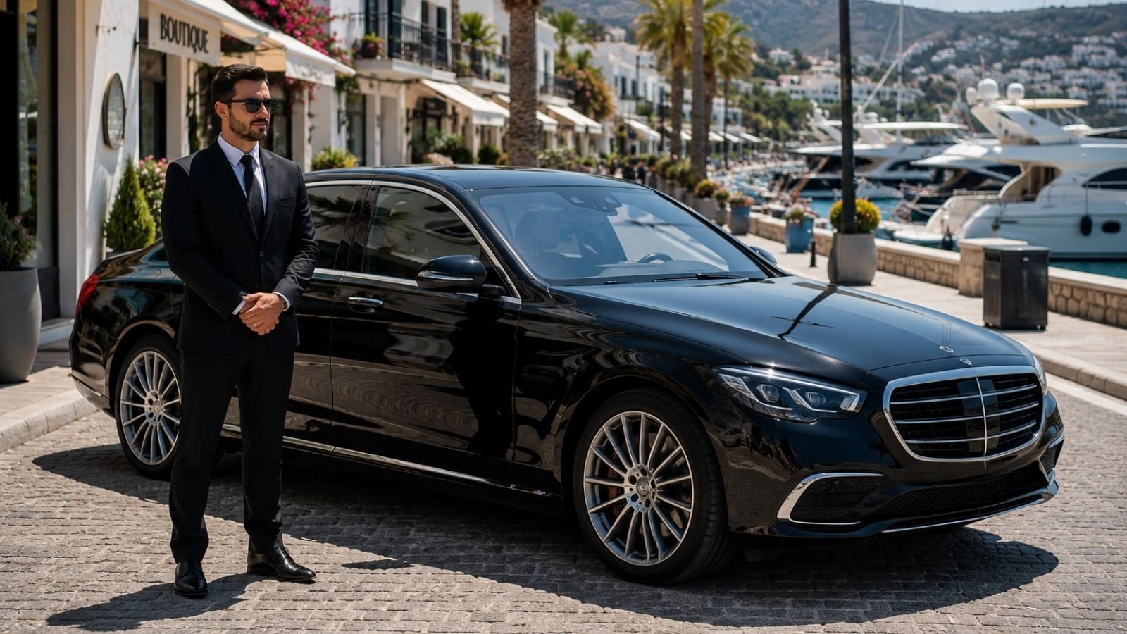 Bodrum şoförlü araç kiralama — marina önünde Mercedes S-Class ve şoför